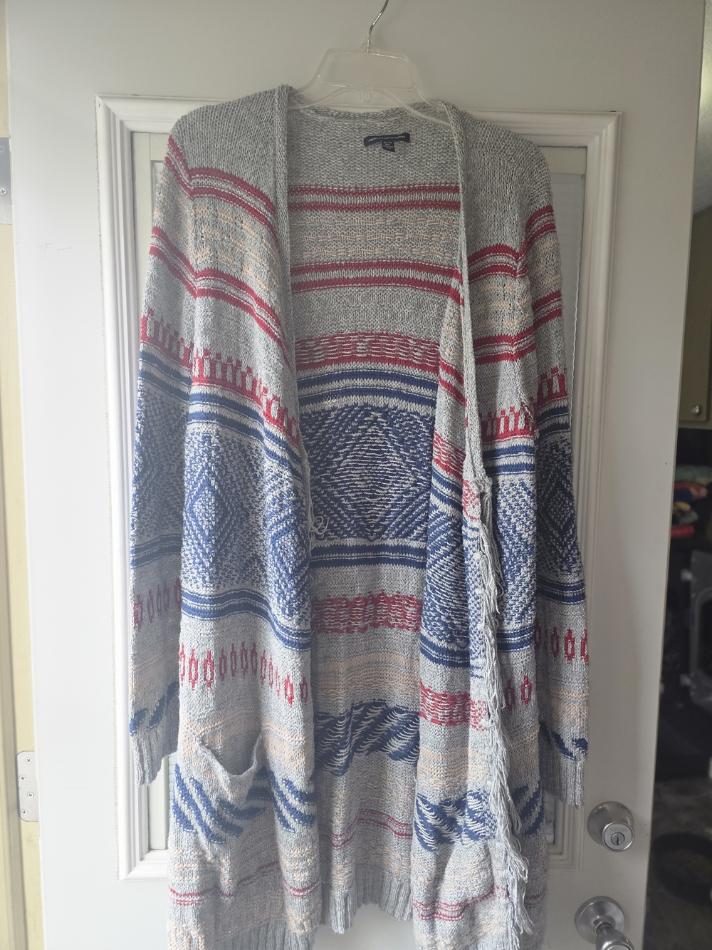 American Eagle Outfitters Striped Open-Front Fringe Cardigan - Gray/Blue/Red